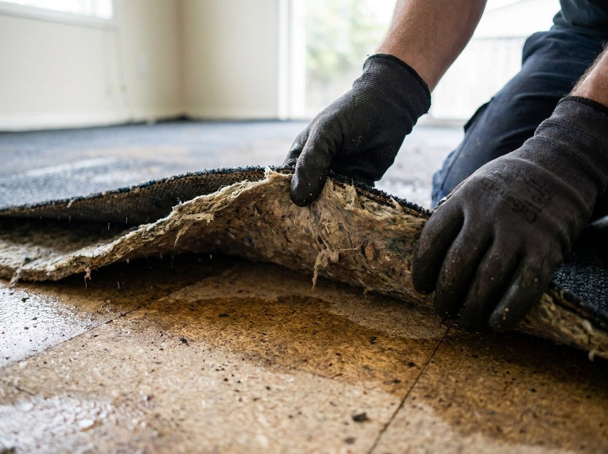 Technician lifting wet carpet away from the padded underlay to inspect the subfloor beneath