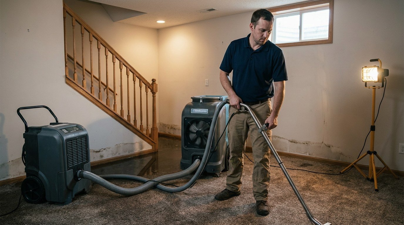 Water extraction equipment set up in an Indianapolis basement