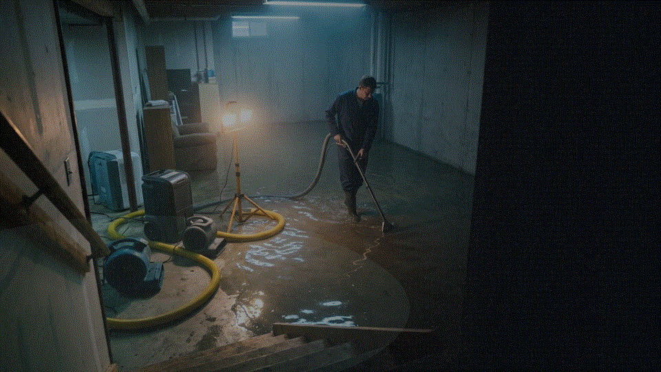 Restoration technician operating water extraction equipment in a flooded Indianapolis basement