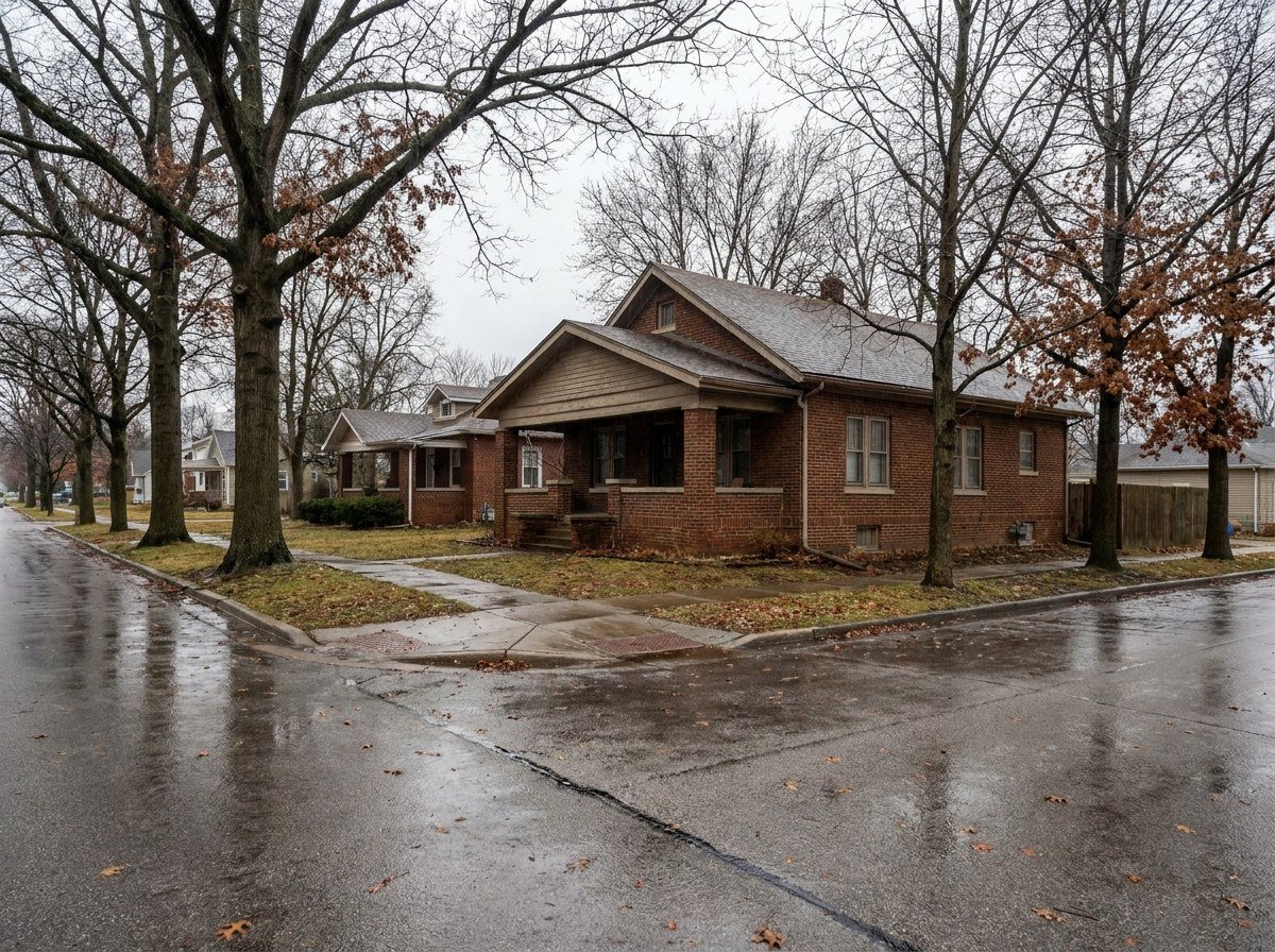 Older brick home in an established Indianapolis neighborhood on an overcast day