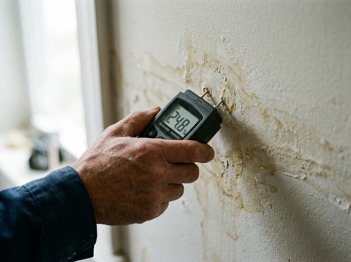 Hand holding a digital moisture meter against a water-stained drywall wall