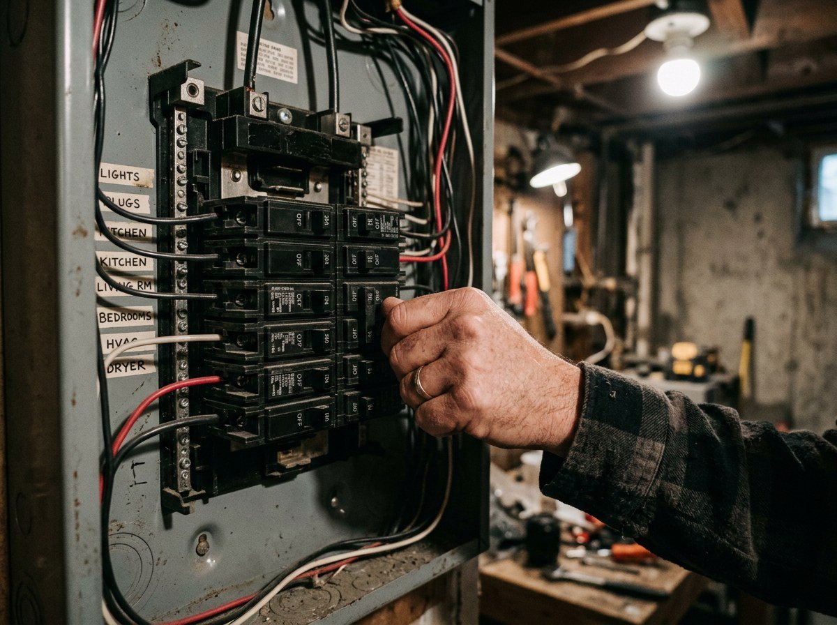 Shutting off a breaker at the electrical panel before entering a water-damaged area