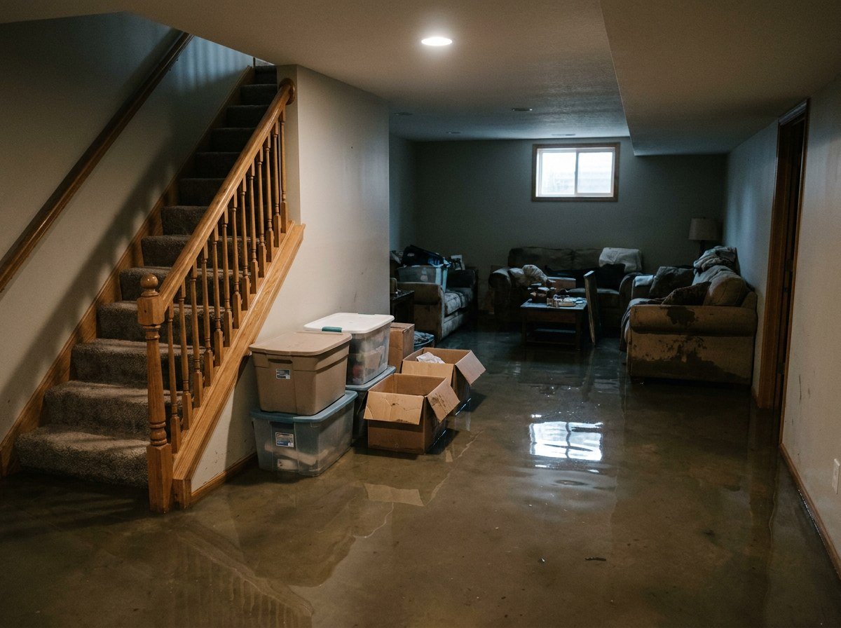 Flooded finished basement with standing water near a staircase