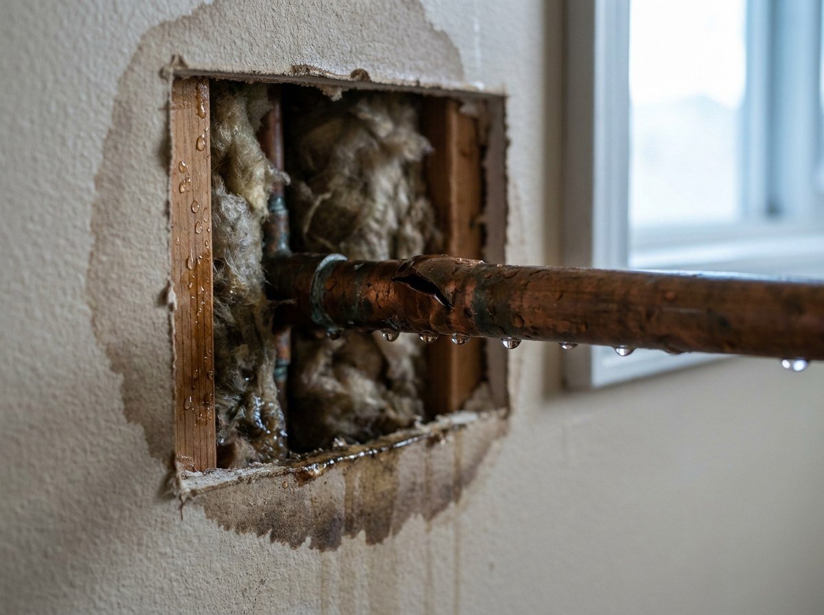 Close-up of a burst copper supply pipe in an exterior wall cavity