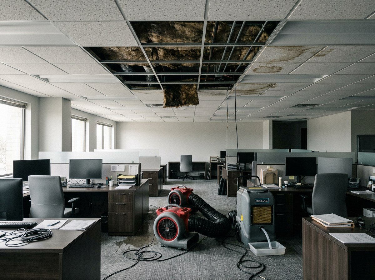 Commercial office space with water damage restoration equipment set up