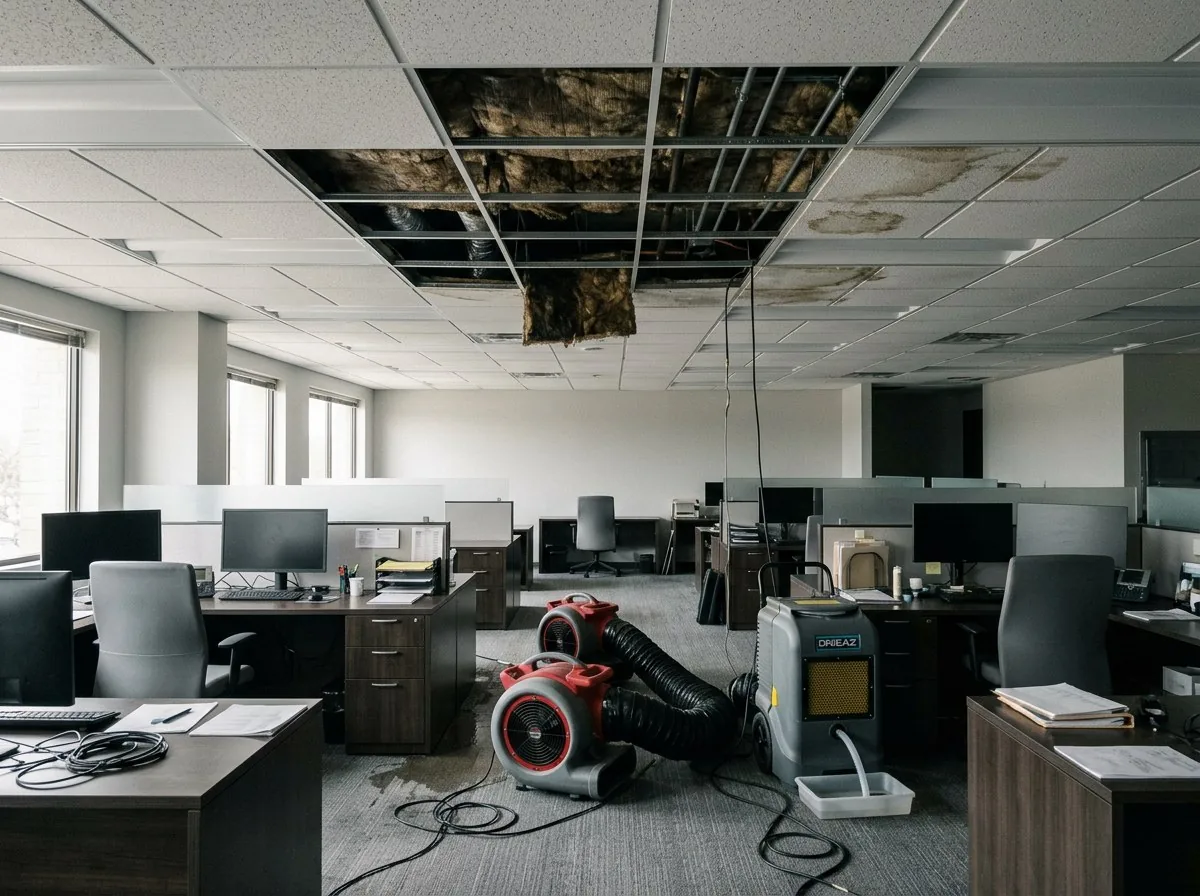 Water damage restoration equipment in a multi-unit or commercial-style interior
