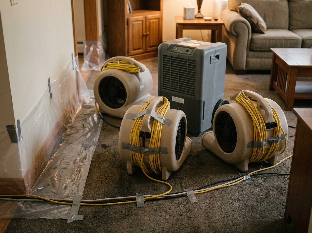 Industrial air movers and a dehumidifier drying a residential basement