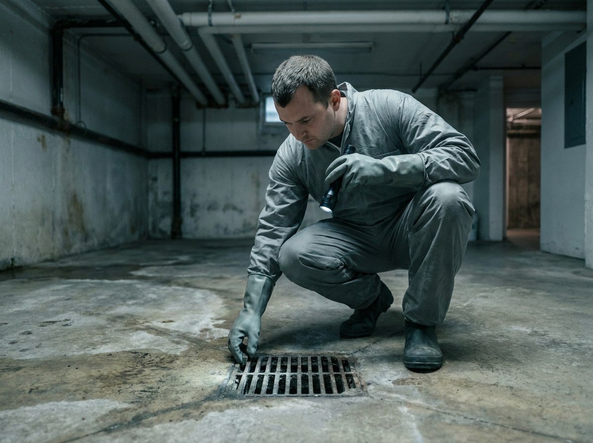 Technician in protective equipment inspecting a basement floor drain